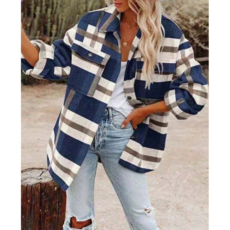 Autumn Long-sleeved Loose Plaid Shirt Tweed Jacket
